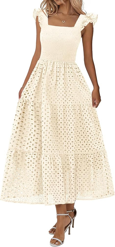 Lazysmile Womens Summer Maxi Dress Square Neck Ruffle Cap Sleeve Hollow Out Eyelet Smocked Tiered... | Amazon (US)