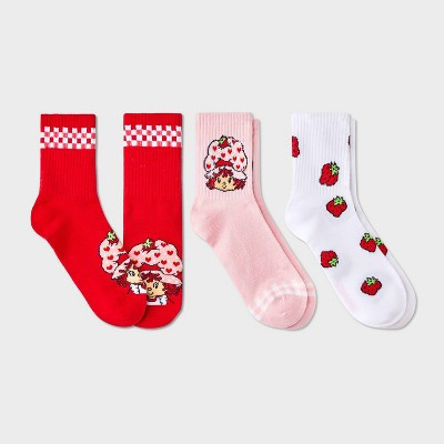 Women's Strawberry Shortcake 3pk Mid Crew Socks - Pink/Red/White 4-10: High Point Design, Knit, Rib Cuffs | Target