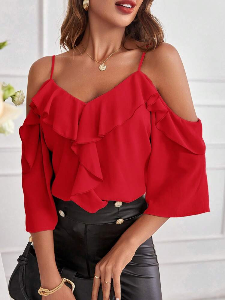 SHEIN Clasi Ladies Solid Color Off Shoulder Ruffle Trim Spring Shirt | SHEIN