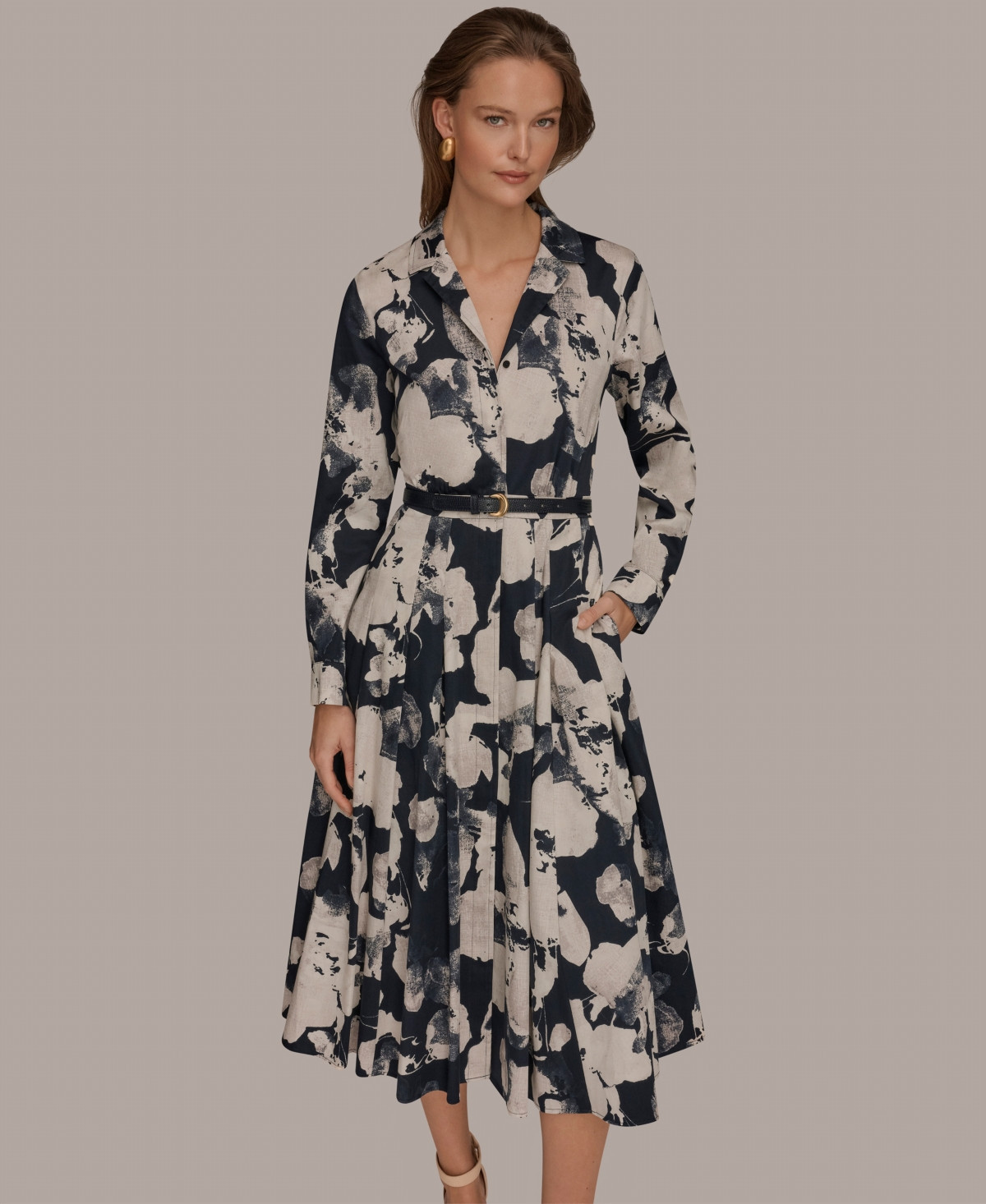 Donna Karan New York Women's Long-Sleeves Collared Midi Dress - Nightfall Multi | Macy's