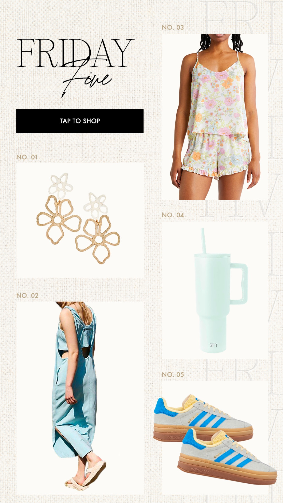 Friday Five 🩵💛 currently crushing on blue + yellow! 

Also can’t get enough of these target floral earrings. So light wear and pretty for summer 🌸😍😍

Friday favorites, Friday finds, adidas gazelles, simple modern tumbler, floral pajamas 

#LTKSeasonal #LTKshoecrush #LTKfindsunder50