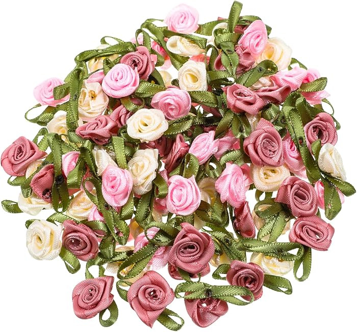 100 PCS 15mm Multicoloured Mini Rose Flowers, Satin Ribbon Bows Appliques, Mini Roses for Crafts,... | Amazon (US)