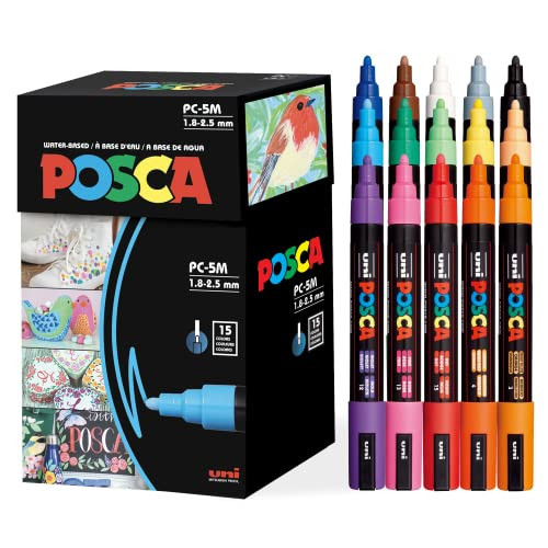 Posca Paint Art Markers, Set of 15 5M Medium Posca Markers with Reversible Tips, Set of Acrylic Paint Pens for Fabric, Metal, Glass, Rocks, Wood and Canvas | Amazon (US)