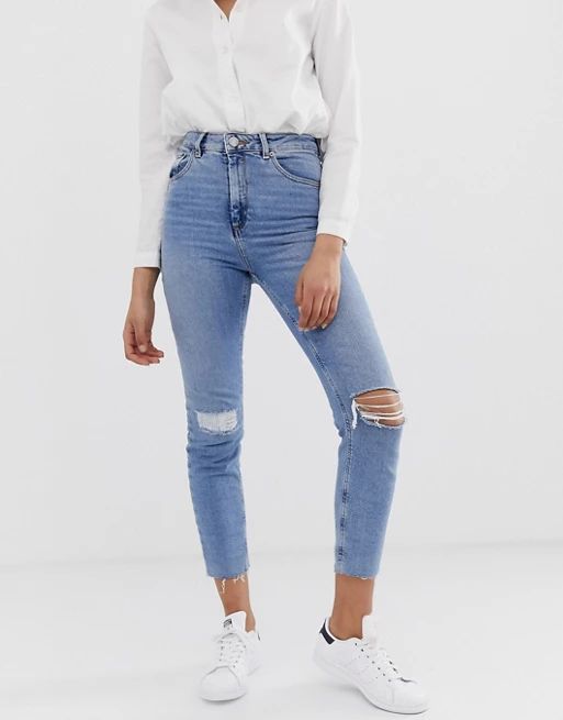 ASOS DESIGN Farleigh high waist slim mom jeans in light vintage wash with busted knee and rip & repa | ASOS UK
