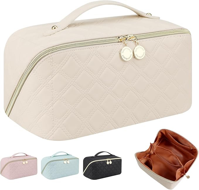 Ineowelly Makeup Bag, Large Capacity Travel Cosmetic Bag for Women, PU Leather Makeup Travel Bag ... | Amazon (US)