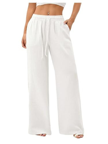 RoseSeek Women's Straight Wide Leg Linen Pants Drawstring High Waisted Casual Long Trousers with Pockets White Petite XS | Amazon (US)