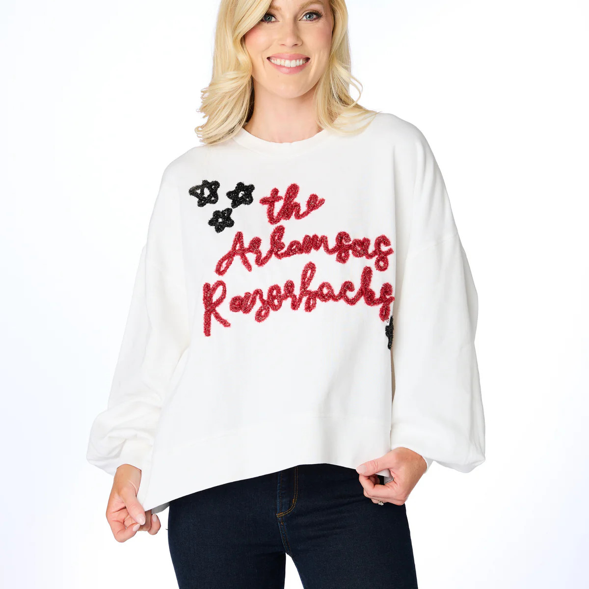 The Arkansas Razorbacks Glitter Script Balloon Pullover | BuddyLove