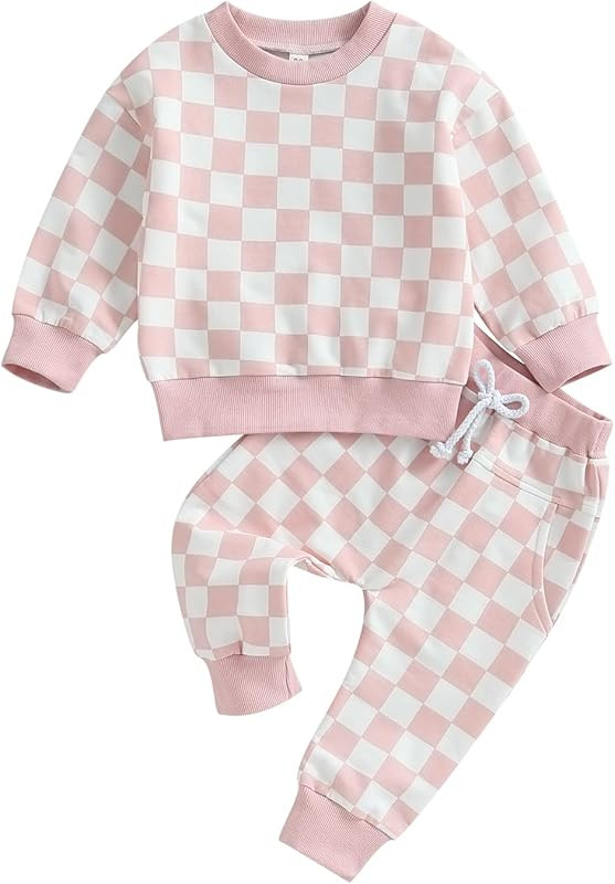 Karwuiio Toddler Baby Boy Girl Clothes Checkerboard Print Long Sleeve Sweatshirt Tops and Pants Fall | Amazon (US)