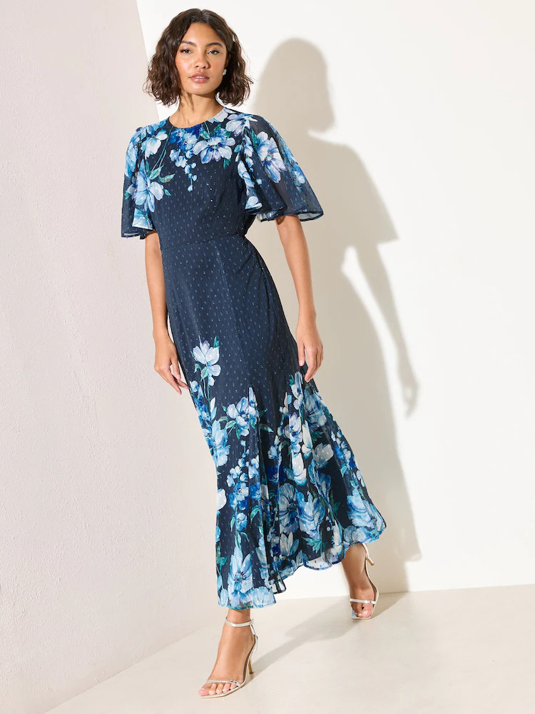 Friends Like These Blue Floral Petite Chiffon Short Sleeve Midi Dress | Next US