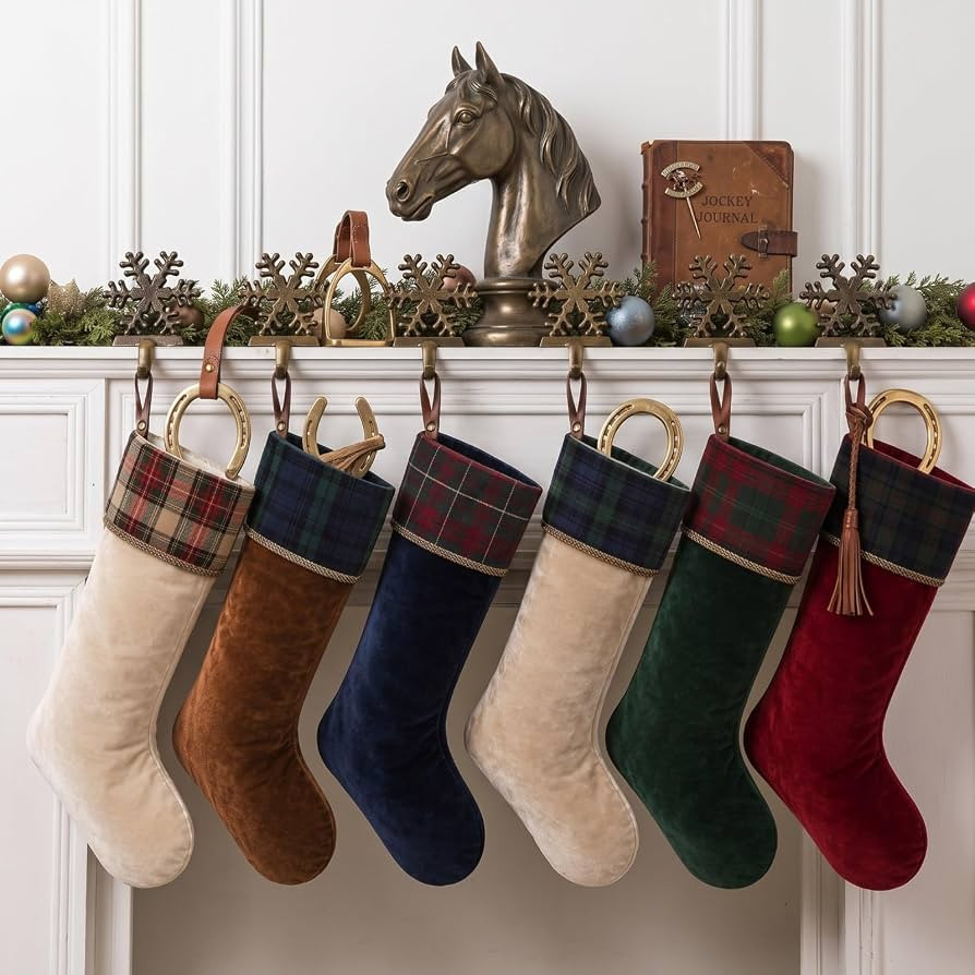 6 Pack Heritage Christmas Tartan Plaid Velvet Stocking Set | Amazon (US)