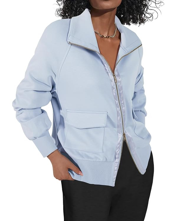 Fisoew Women's Zip up Sweatshirt Collared Neck Long Sleeve Loose Casual Lightweight Jacket with P... | Amazon (US)