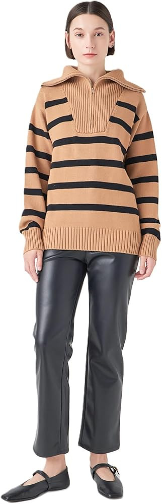 English Factory Women's Striped Knit Zip Pullover, Tan/Black, XL | Amazon (US)