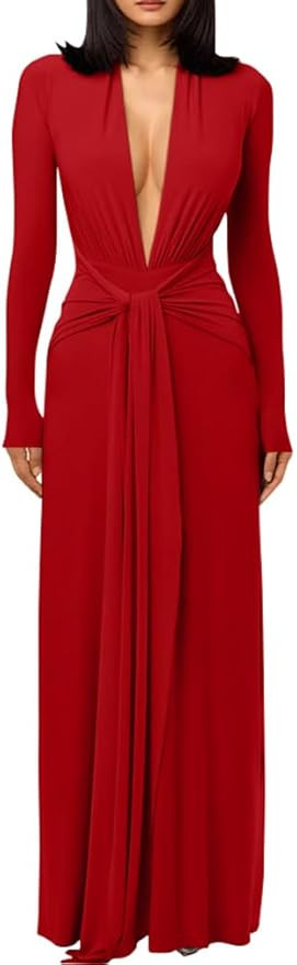 DAAWENXI Women's Sexy Deep V Neck Maxi Dress Long Sleeve Tie Wedding Guest Cocktail Evening Dress... | Amazon (US)