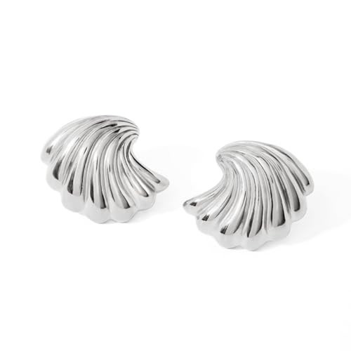 Silver Statement Earrings for Women Trendy, Chunky Silver Earrings Big Shell Wings Textured Dome Earrings Drop Earrings Hypoallergenic Earrings Lightweight Dainty Vintage Jewelry Gift (Shell-Silver) | Amazon (US)
