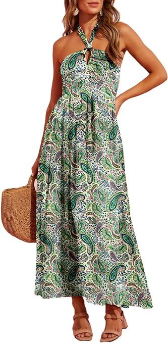 Dokotoo Summer Dress Casual Halter Neck Sleeveless Spaghetti Strap Boho Floral Print Dresses Cut ... | Amazon (US)