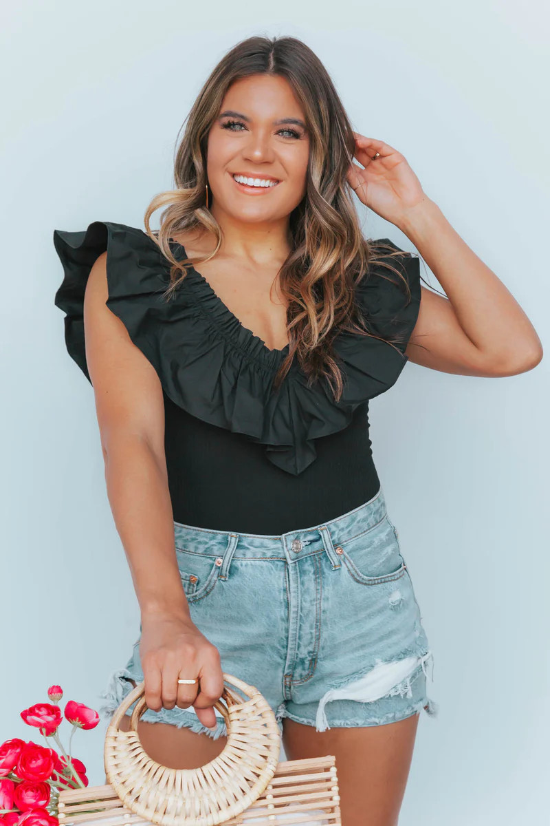 Poplin Ribbed Knit Black Bodysuit | Apricot Lane Boutique