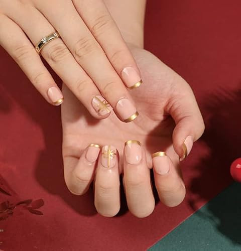 Christmas Nude Fake Nails Short Square French Tips Press on Nails Acrylic False Nails with Gold Edge Bow Design Christmas DIY Artificial Nails for Women & Girls 24Pcs | Amazon (US)