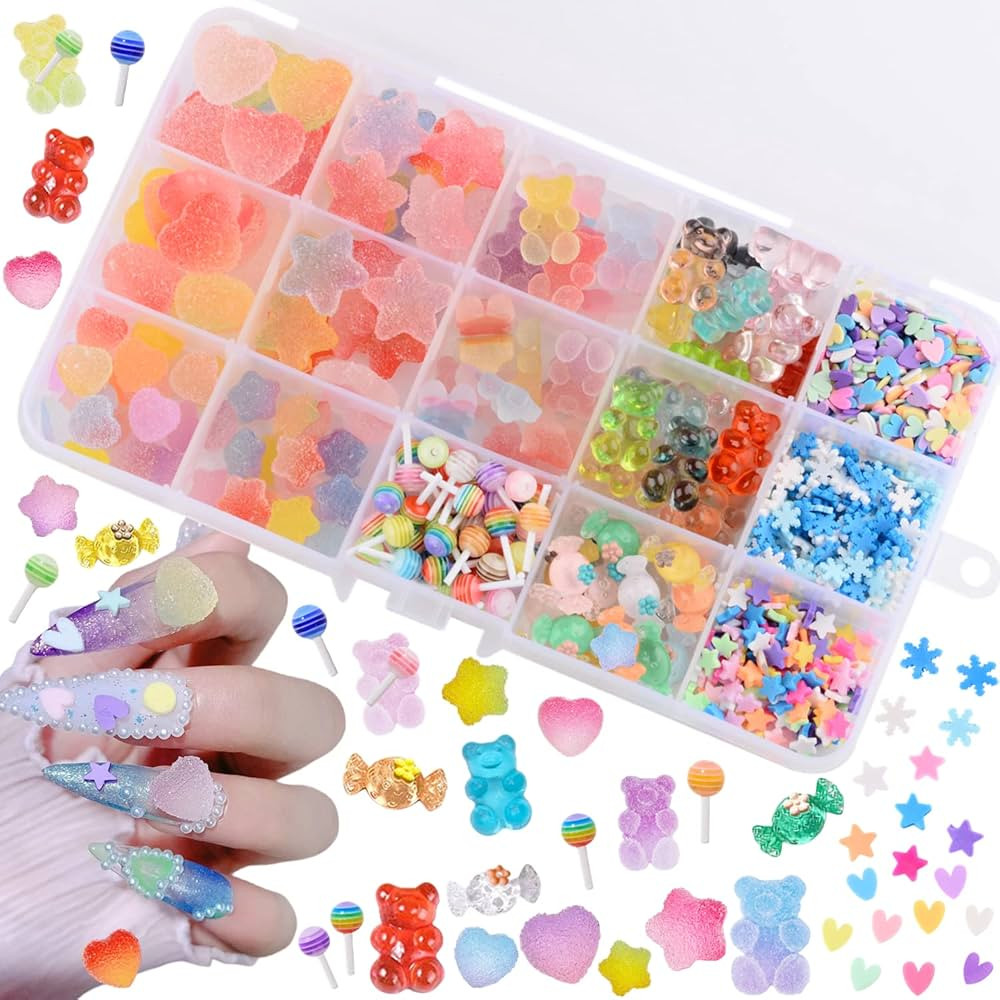 200PCS Kawaii Colorful Resin Acrylic 3D Gummy Bear Multi-sized Heart Star Nail Charms with 300PCS... | Amazon (US)