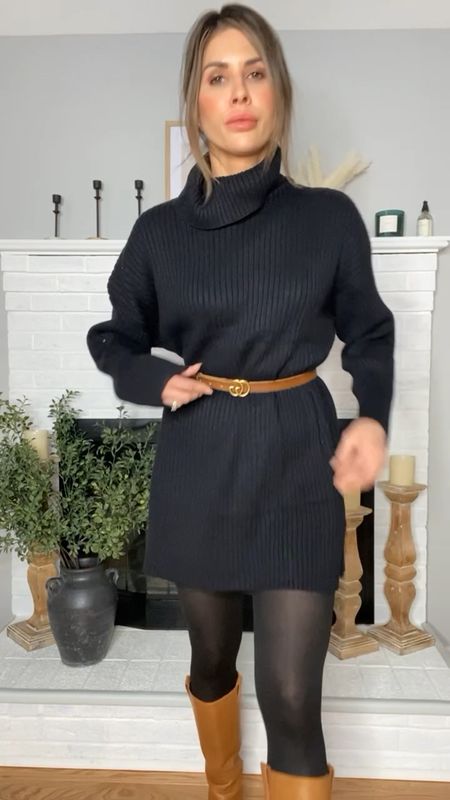 Amazon oversized cozy black sweater dress 
Pair with tights 
Brown belt and brown tall boots 

#LTKover40 #LTKstyletip #LTKfindsunder50