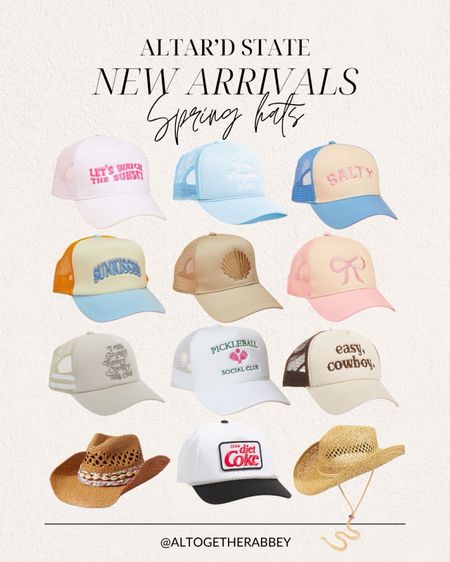 Trucker Hats and Beach Hats from Altar’d State 

Spring 2024 | Spring New arrivals | Spring Break Accessories | Vacation Outfits | Cowgirl hats | Summer trucker hats | spring outfit inspo | Diet Coke hat | straw hat | beach essentials | pickleball 

#LTKstyletip #LTKSeasonal #LTKtravel