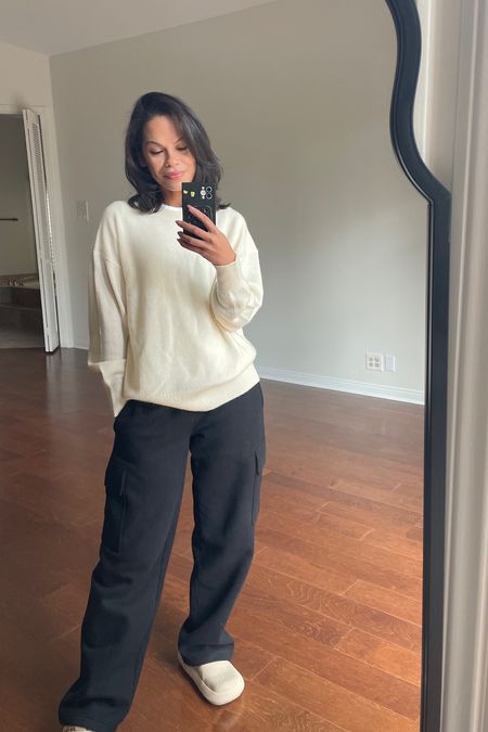 Casual outfit cargo sweatpants cashmere sweater perfect white t shirt comfy clogs oversized (if buying clogs they are slightly oversized, I’d go down one size if you can)! Aritzia sale and Amazon 

#LTKsalealert #LTKfindsunder50 #LTKstyletip