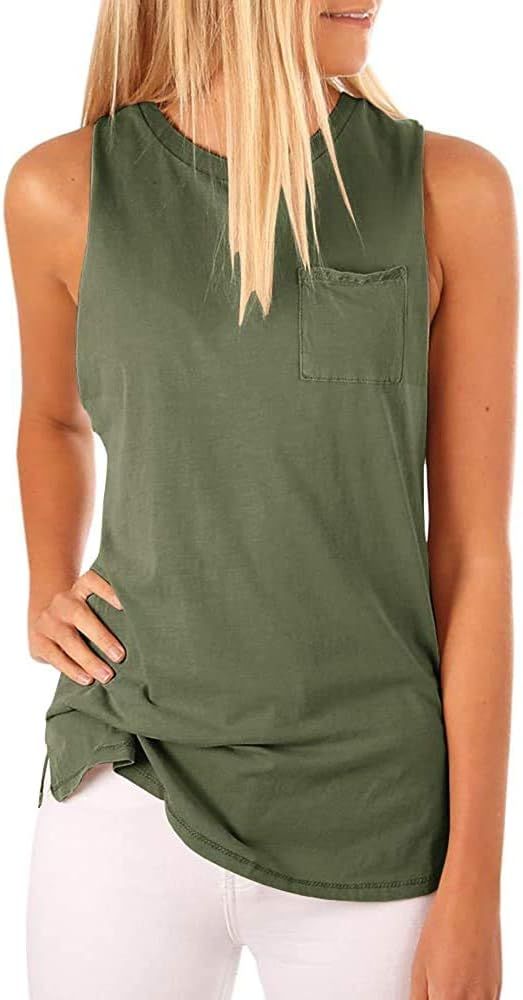 Women's High Neck Tank Top Sleeveless Blouse Plain T Shirts Pocket Cami Summer Tops | Amazon (US)