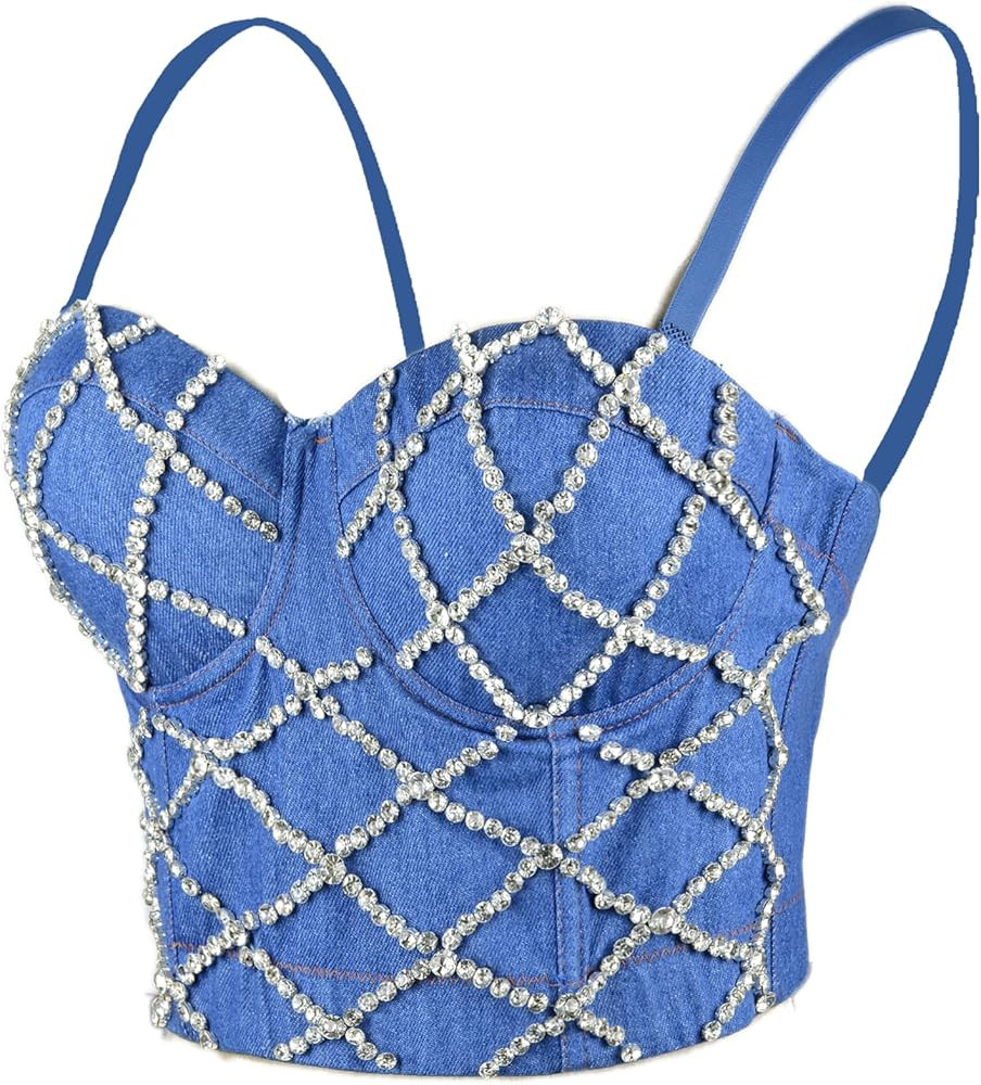 ELLACCI Women Criss Cross Rhinestone Denim Bustier Crop Top Corset Bra Blue | Amazon (US)