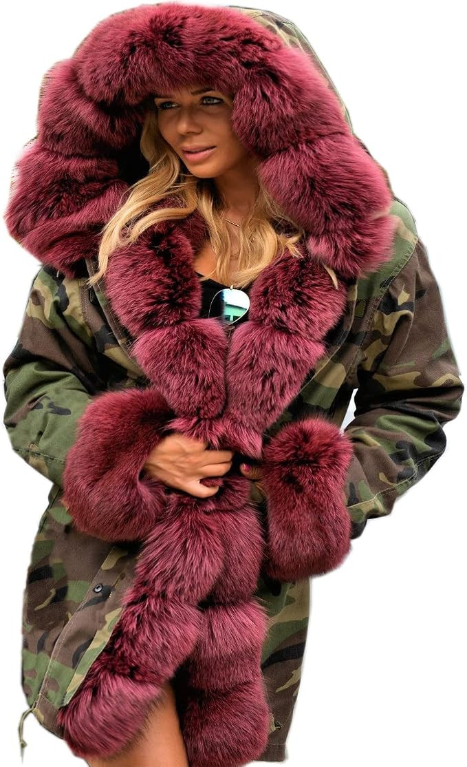 Roiii Women Thicken Warm Winter Coat Hood Down Parka Fleece Fur Outdoor Overcoat Long Jacket Outw... | Amazon (US)
