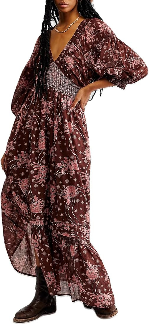 Boho Flowy Maxi Dress for Women Puff Long Sleeve Square Neck Embroidered Swing Tiered Long Dress | Amazon (US)