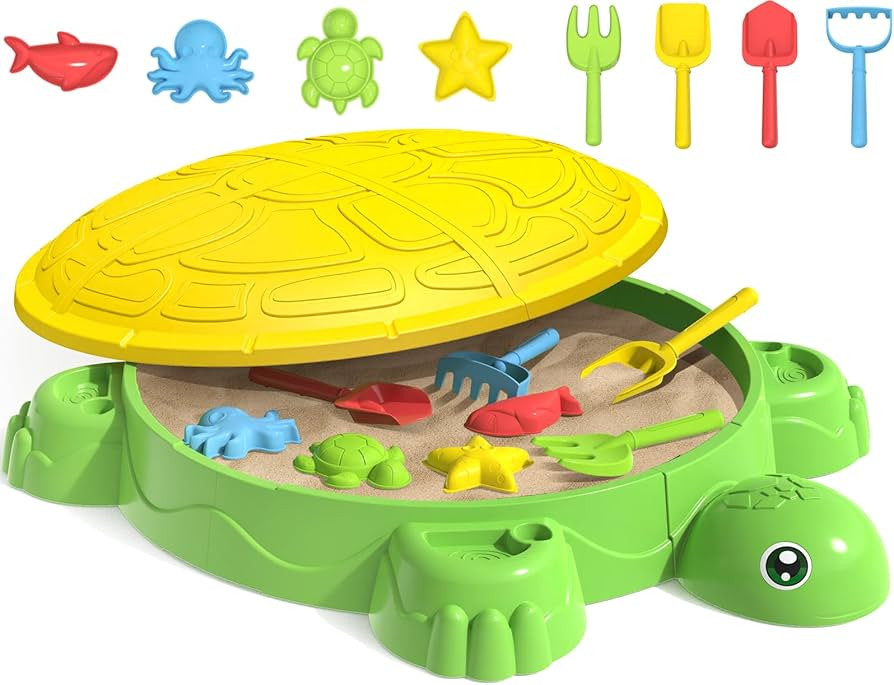 Toddlers Turtle Sandbox with Lid, 8PCS Sand Molds and Shovels Set Kids Outdoor Indoor Play Sand A... | Amazon (US)