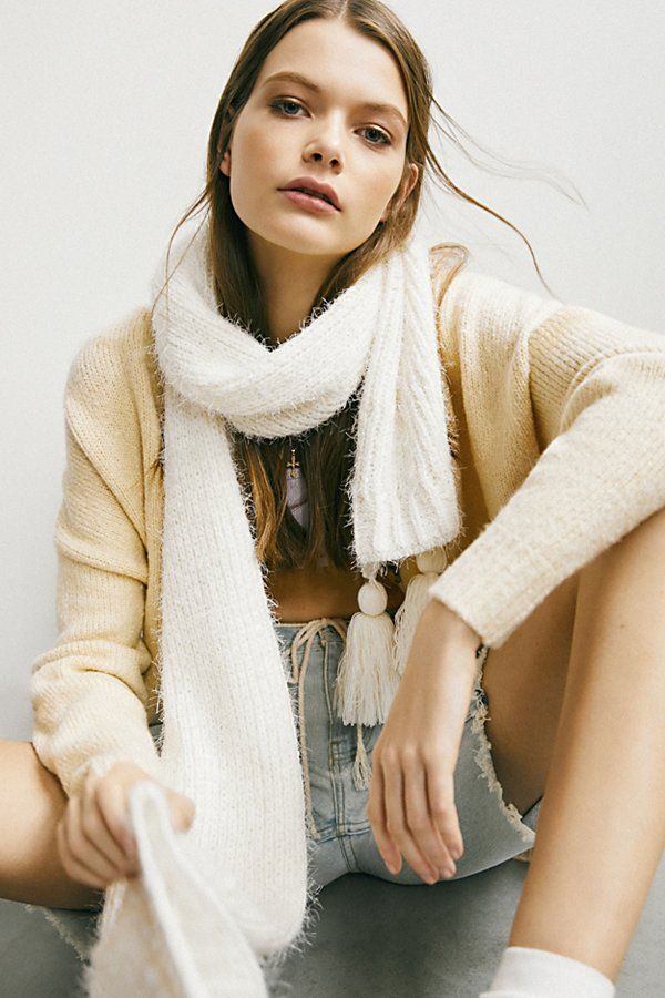 Eyelash Pom Oblong Scarf - Beige at Urban Outfitters | Urban Outfitters (US and RoW)