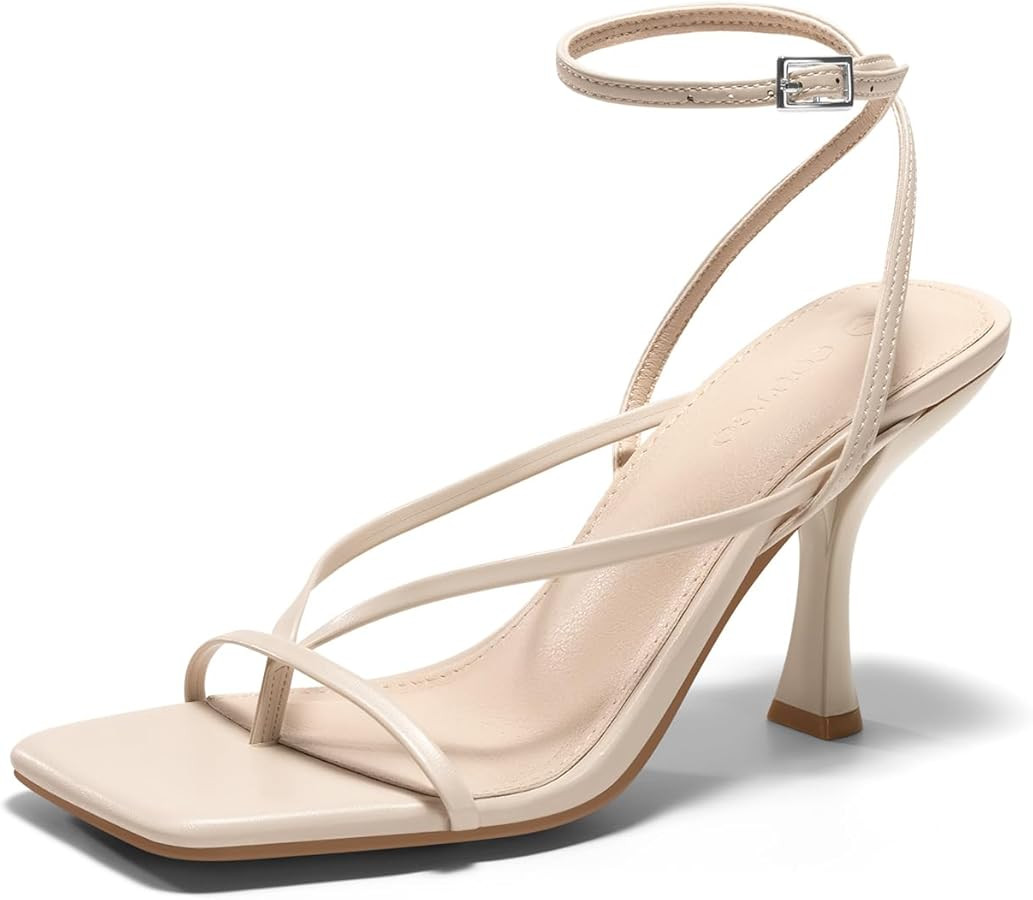 Coutgo Womens Strappy Kitten Heels Sandals Square Open Toe Flip Flops Summer Dress Shoes | Amazon (US)