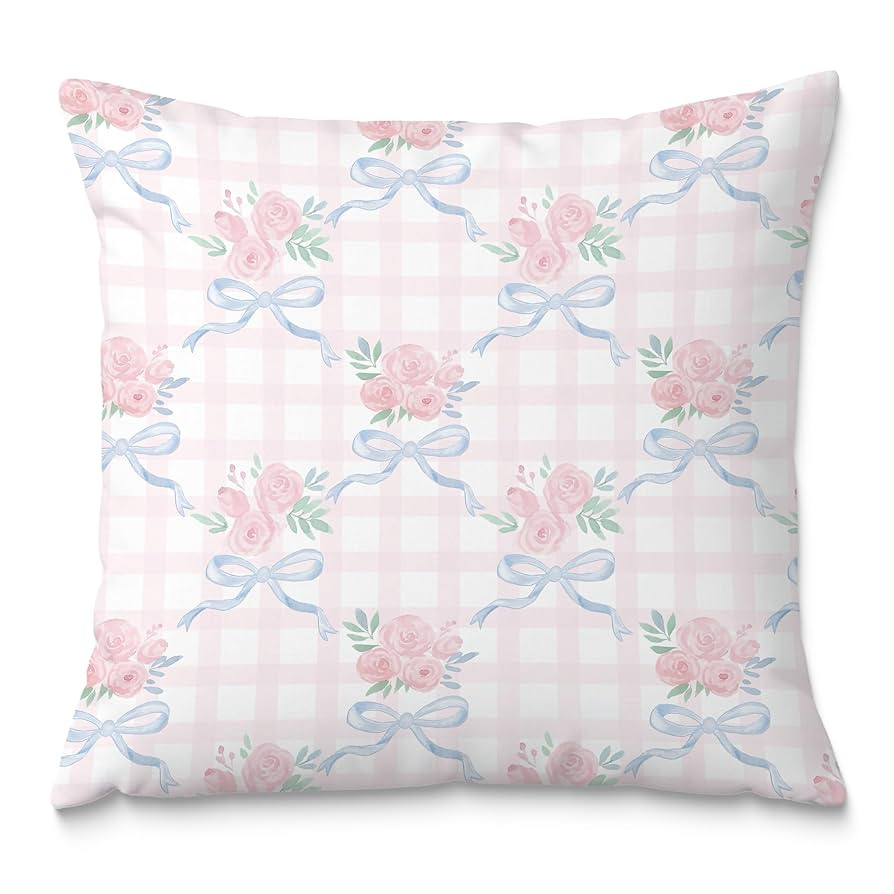 Coquette Blue & Pink Rose Floral Bow Pillow Covers - 18x18, Girly Bedroom Decor, Preppy Room Deco... | Amazon (US)