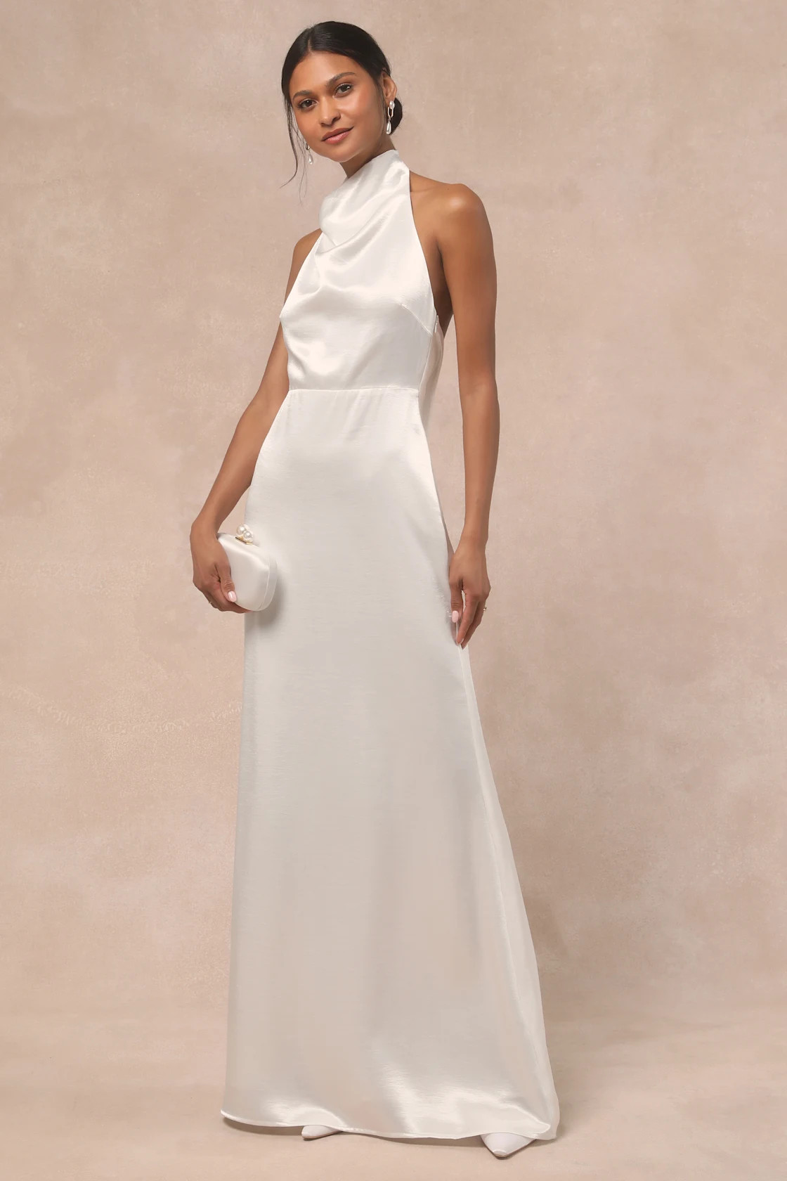 Meliana White Satin Halter Backless Maxi Dress | Lulus