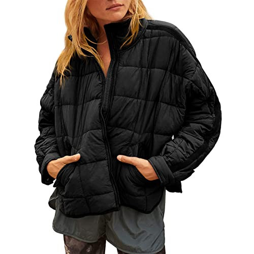 ROJZR Womens Lightweight Quilted Puffer Jackets Oversized Zip Up Packable Padded Jacket Winter Warm Down Coats (Black-S) | Amazon (US)