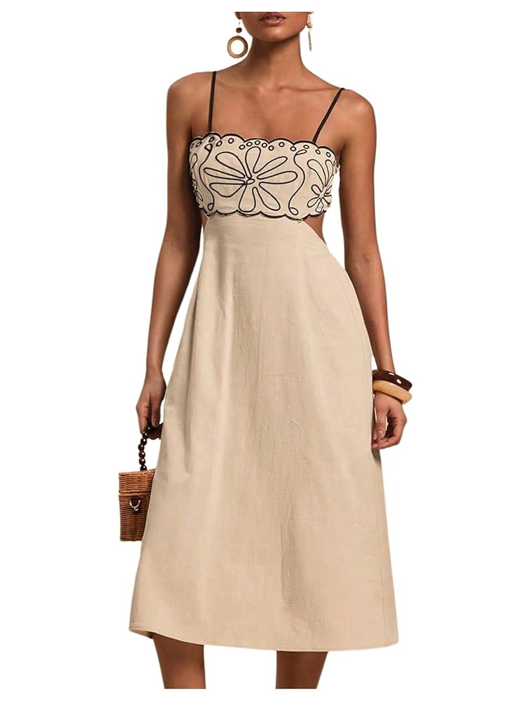 SOLY HUX Women's Midi Dress Embroidery Spaghetti Strap Cut Out A Line Flared Summer Cami Dresses | Amazon (US)