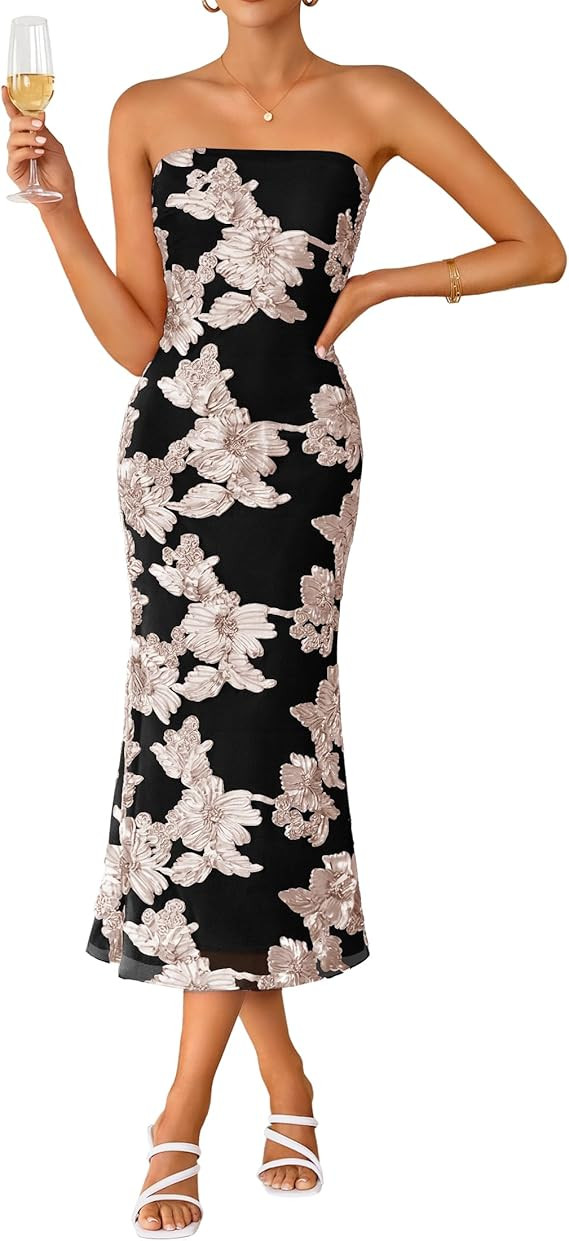 ZESICA Women's Summer Strapless Floral Midi Dress 2026 Bodycon Mesh Tube Wedding Guest Cocktail P... | Amazon (US)