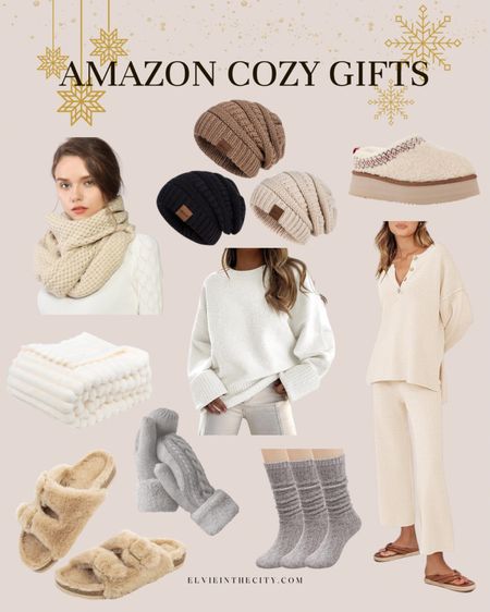Amazon cozy gift ideas include a scarf, mittens, set of three beanies, a two-piece loungewear set, cozy socks, slippers, a blanket and an oversized crewneck sweater. 

Gifts for her, gifts for mom, gifts under 50, gifts under 25

#LTKHoliday #LTKfindsunder50 #LTKGiftGuide