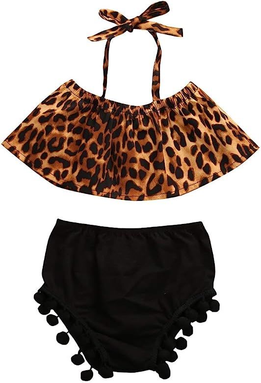 2Pcs Infant Baby Girls Summer Outfits Leopard Print Halter Neck Crop Top + Black Shorts with Pomp... | Amazon (US)