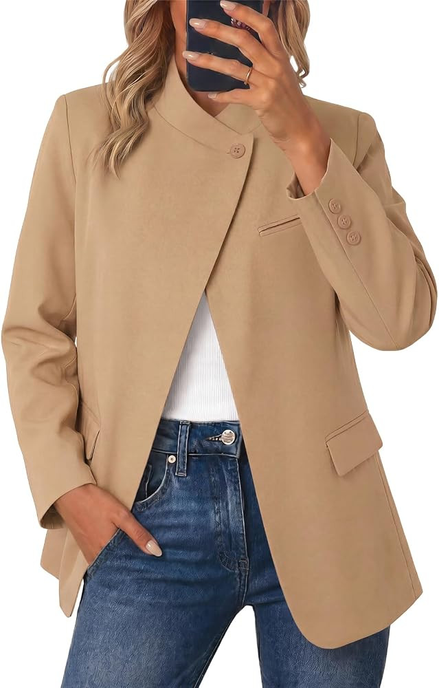 Cicy Bell Women Plaid Blazer Business Stand Collar Open Front Suit Jacket | Amazon (US)