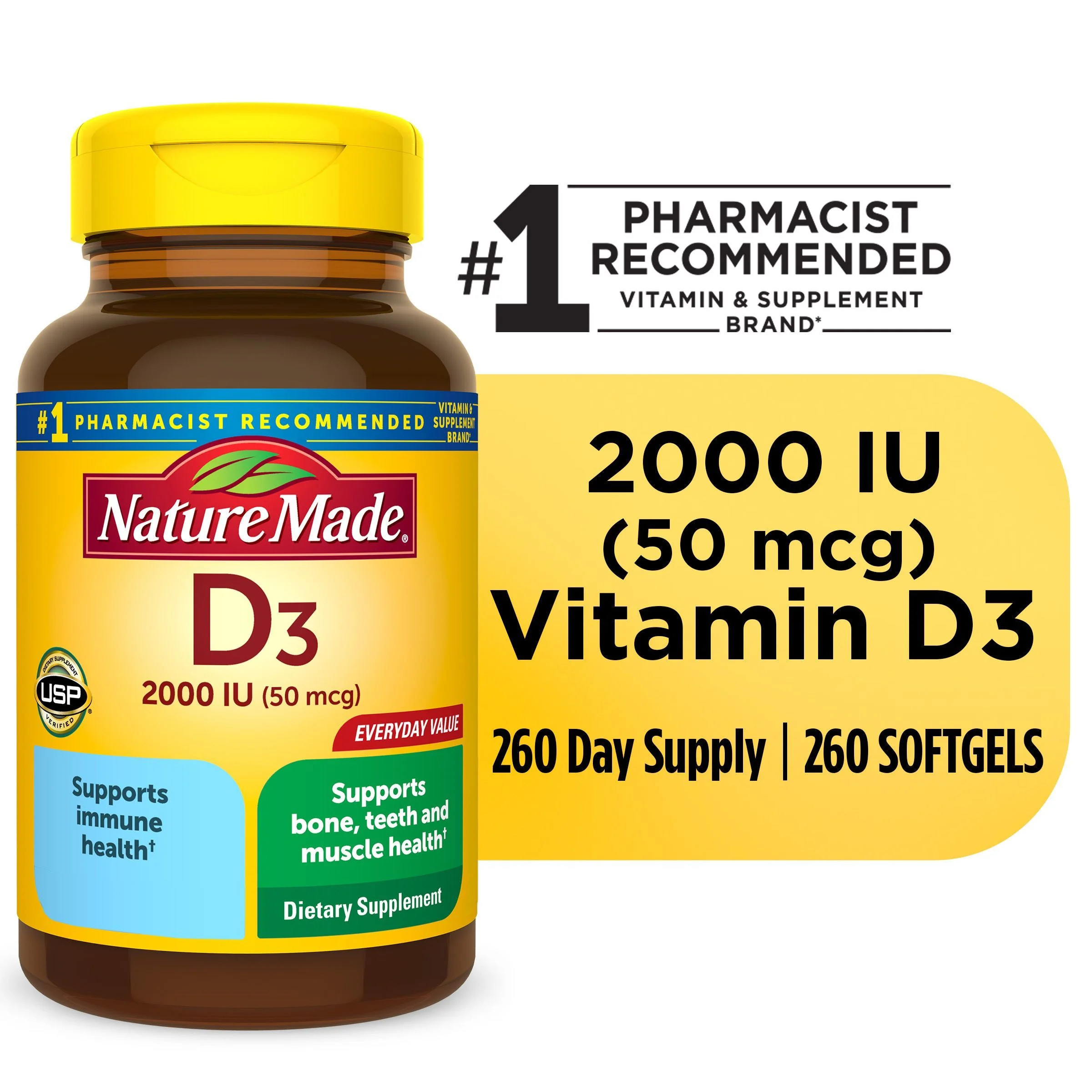 Nature Made Vitamin D3 2000 IU (50 mcg) Softgels, Dietary Supplement for Bone and Immune Health S... | Walmart (US)