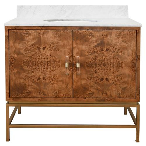 Cleb Mid Century Brown Burl Wood White Carrara Marble Bath Vanity Sink | Kathy Kuo Home