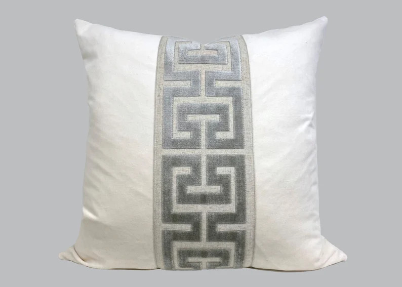 Off White Velvet Square Pillow Cover With Large GRAY Greek Key Trim - Etsy | Etsy (US)