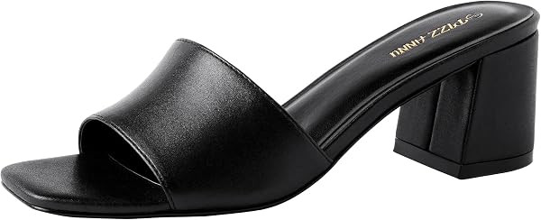 PIZZ ANNU Women's Square Open Toe Heels Sandals Low Block Chunky Heeled Sandal Slip on Mules Comfortable Casual Dress Pumps Shoes | Amazon (US)