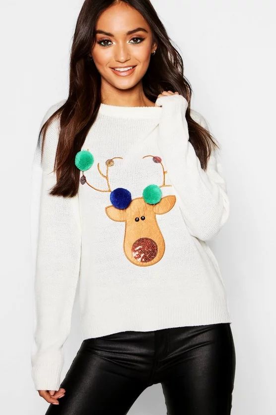 Petite Reindeer Pom Pom Christmas Sweater | Boohoo.com (US & CA)
