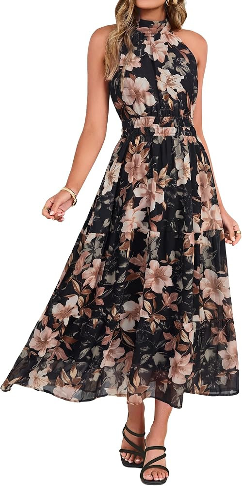 Simplee Womens Summer Halter Wedding Guest Dress Maxi Floral Vacation Boho Sundresses Flowy Forma... | Amazon (US)