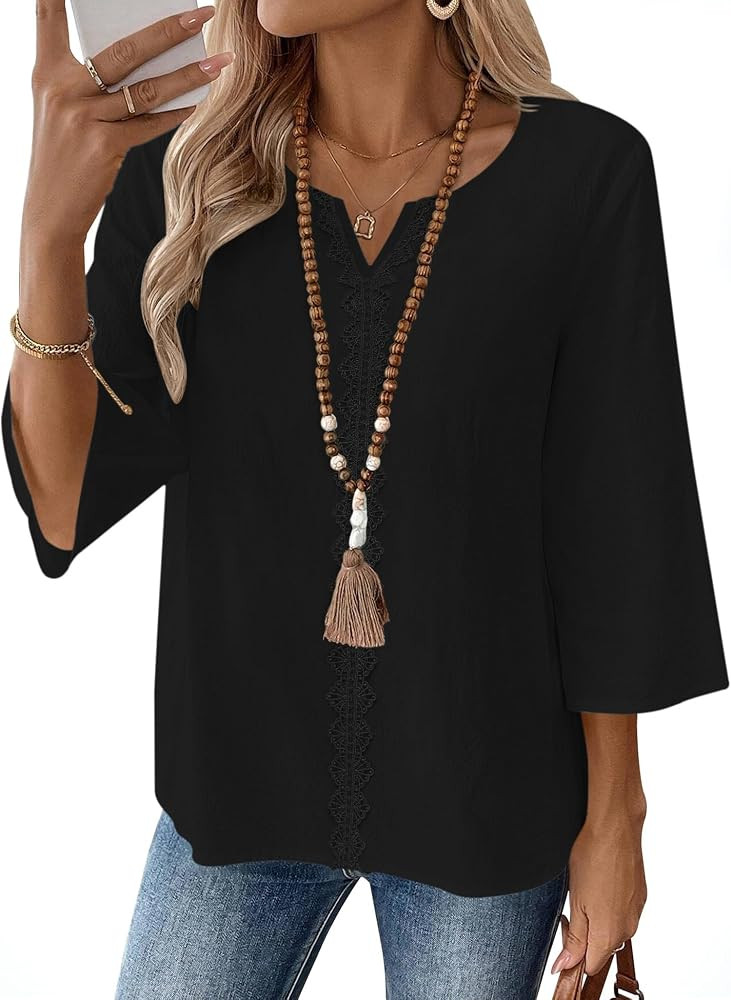 AKEWEI Womens 3/4 Sleeve Cotton Linen V Neck Lace Tops Casual Loose Fit Summer Fall Boho Fashion ... | Amazon (US)