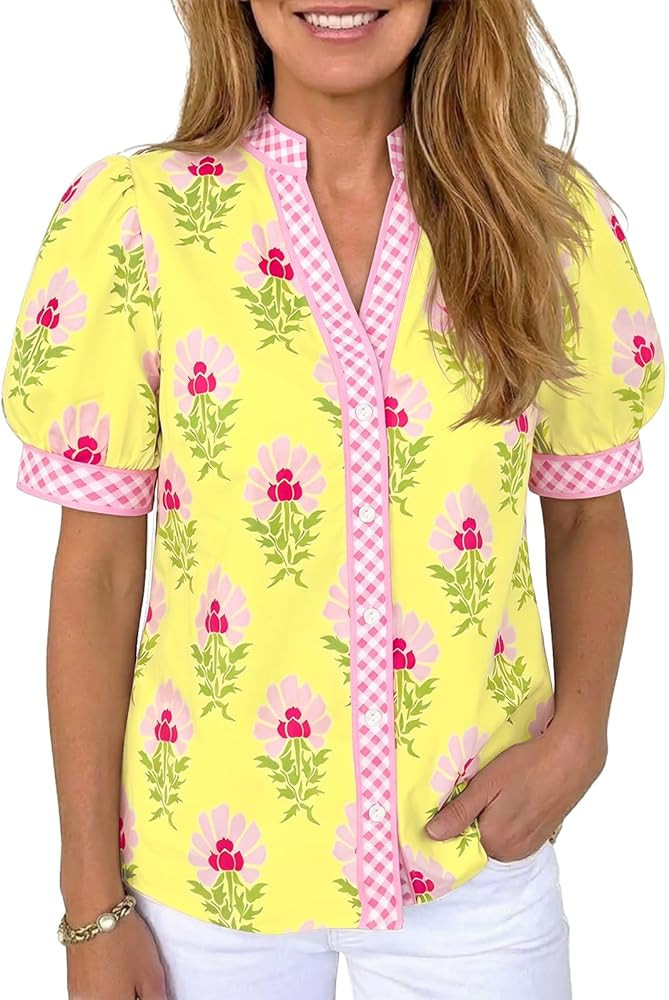 Tankaneo Womens Puff Sleeve Button Down Shirts Floral Summer Casual V Neck Boho Tops Color Block ... | Amazon (US)