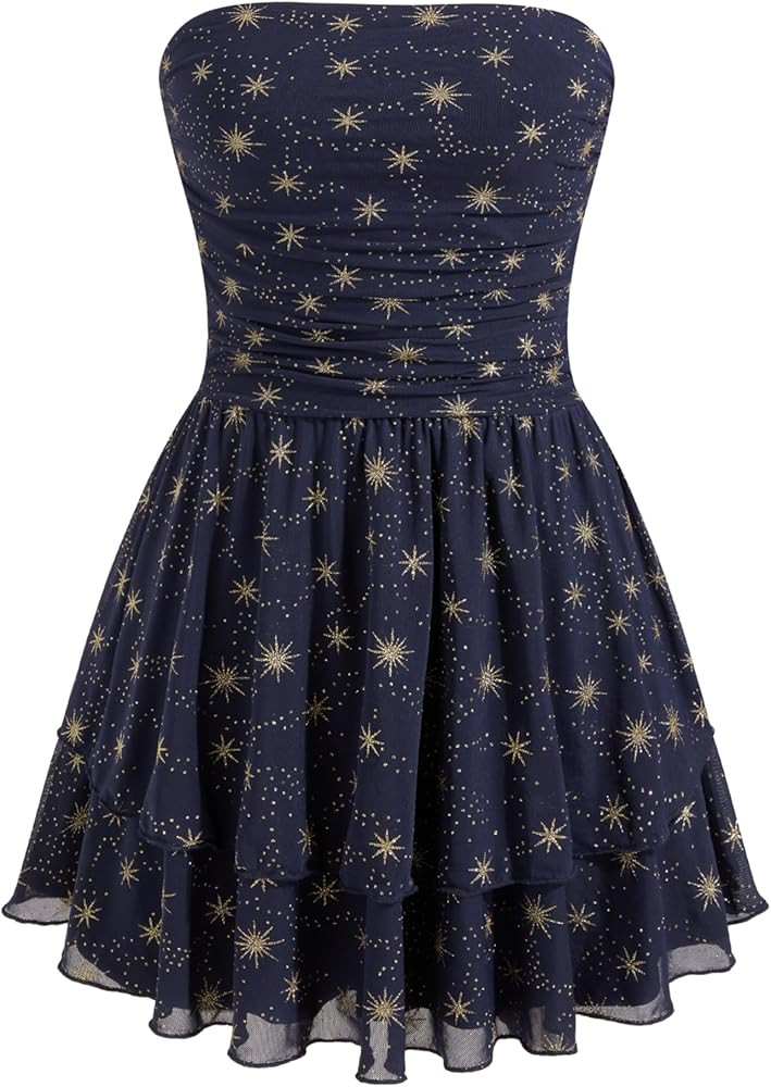 CIDER Women's Summer Cocktail Dress - Tube Ruched Ruffle Mini Dress | Amazon (US)