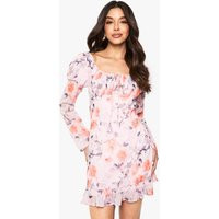 boohoo Women's Floral Crinkle Chiffon Long Sleeve Mini Dress in Pink | Size: 8 | Chiffon/Polyurethane | boohoo (US & Canada)